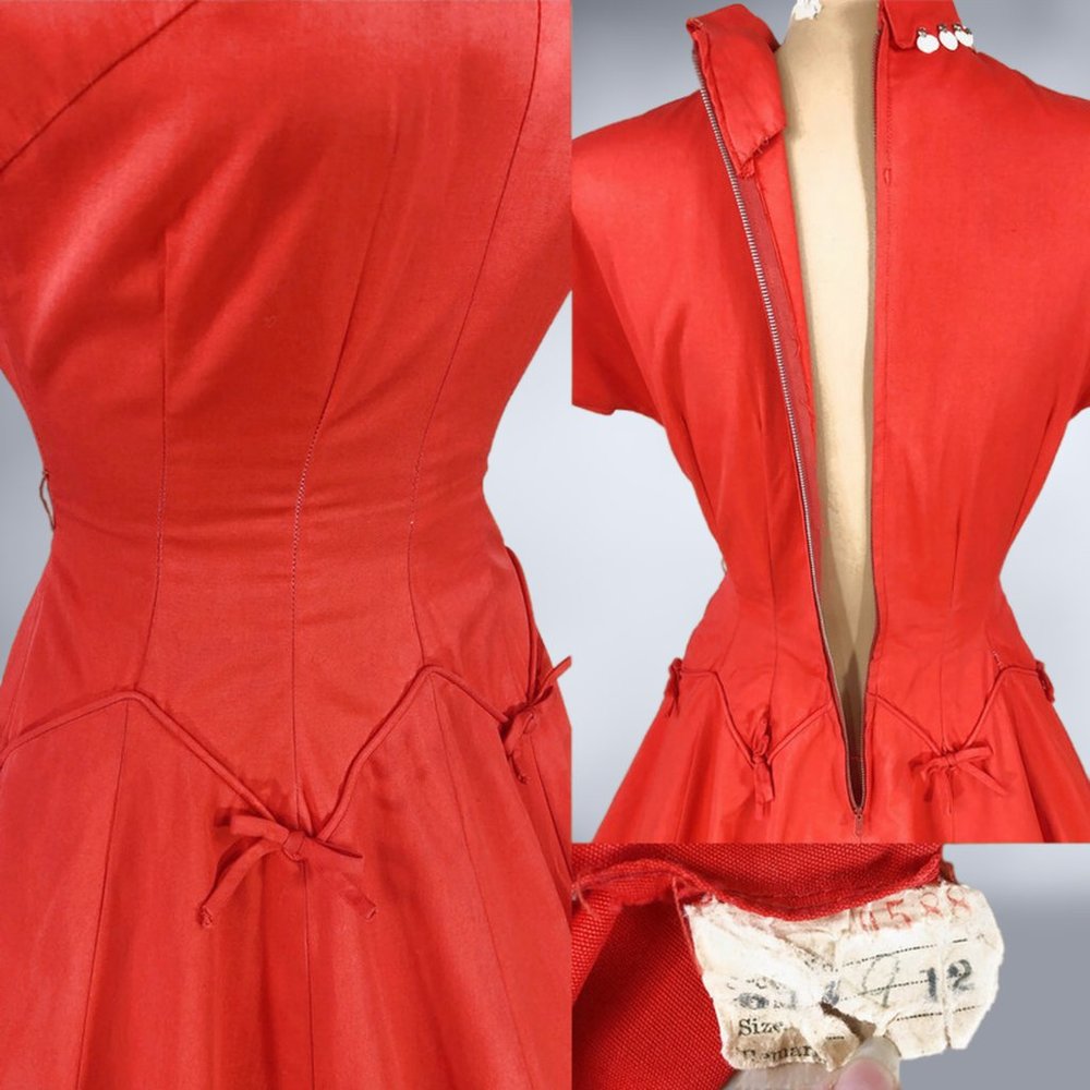 VINTAGE 50s Vibrant Red Full Sweep New Look Party Dress with Mother of Pearl VFG - Picture 10 of 11